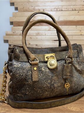 Michael Kors Hamilton Brown distressed Leather Gold tone hardware Satchel Bag